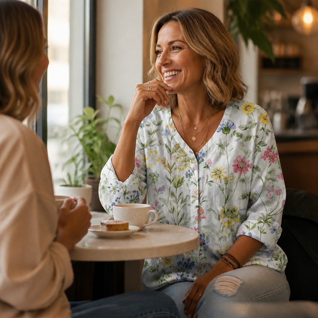 SerenLuxe – Breezy Cotton-Linen Floral Shirt with V-Neck | ribuella