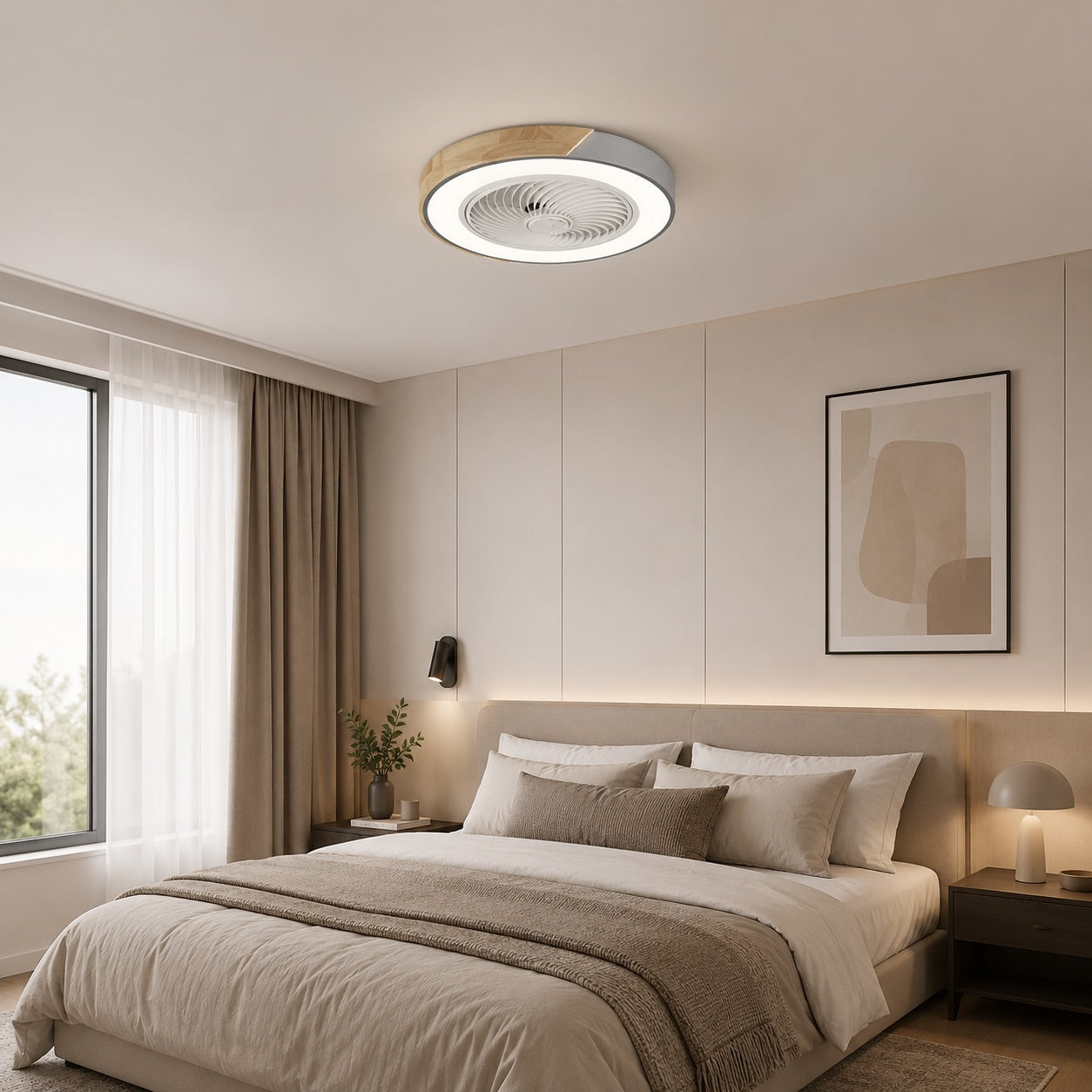Moderner Deckenventilator ohne Flügel mit Beleuchtung, flache Montage, Eisenrahmen, dimmbare LED mit einstellbarer Farbtemperatur | ribuella