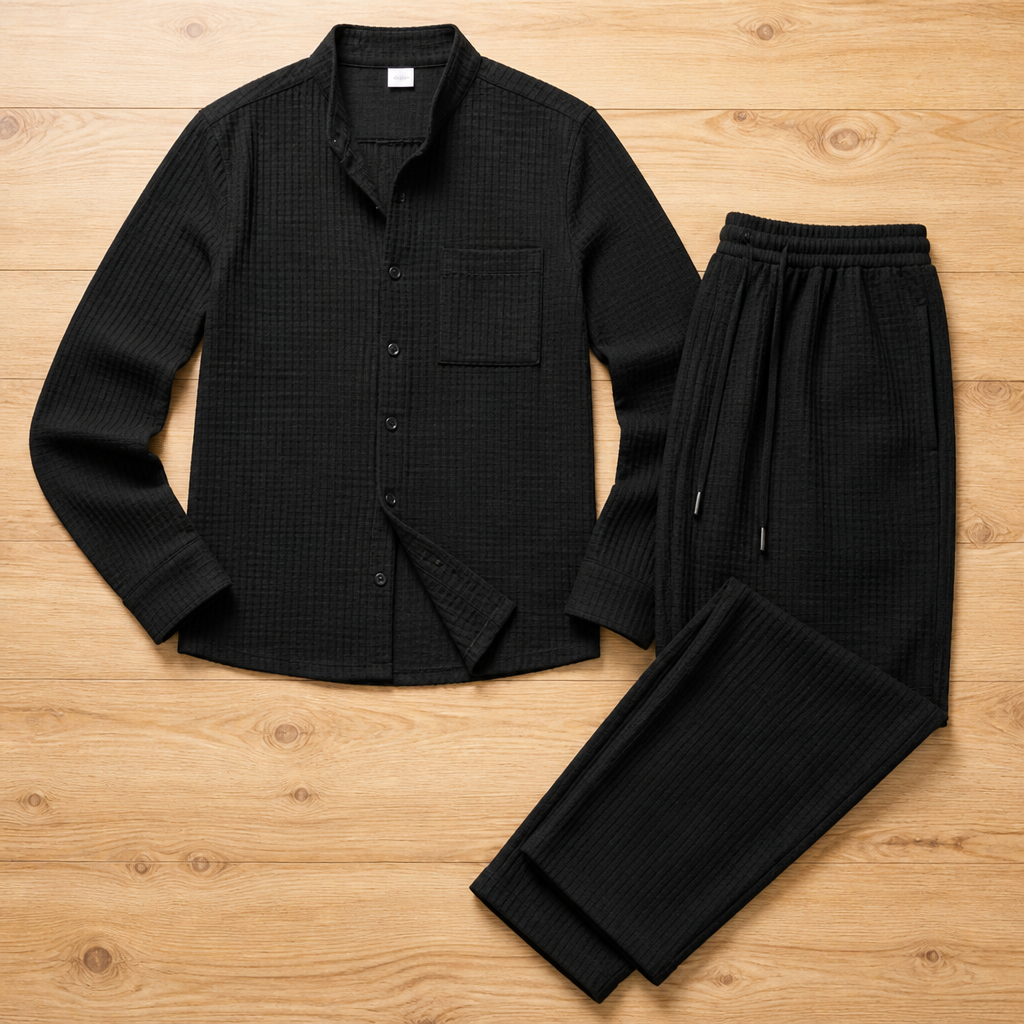 Stridonity – Relaxed Waffle-Texture Band-Collar Shirt & Pants Set | ribuella
