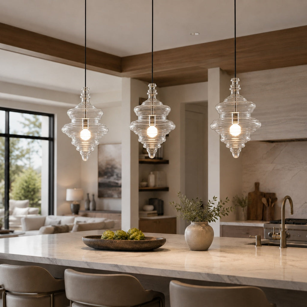Suspension moderne en verre avec structure LED suspendue réglable pour l’éclairage de la cuisine | ribuella