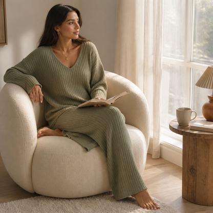 Serelis – Soft Ribbed V-Neck Lounge Set Featuring Wide-Leg Pants | ribuella