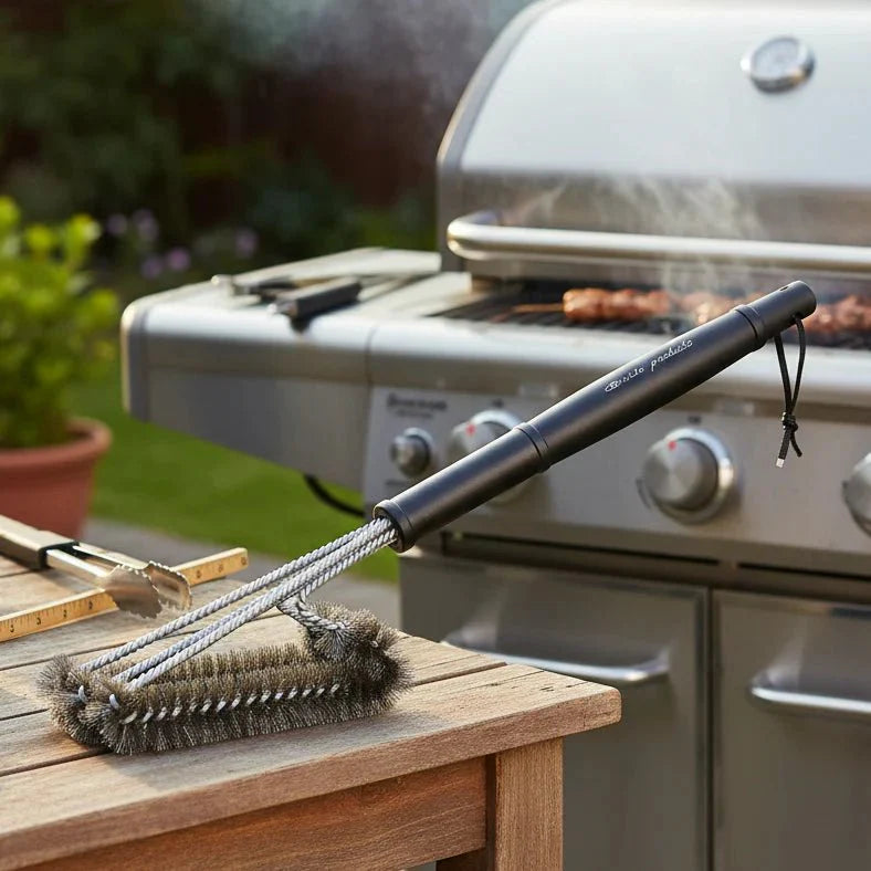 Brosse de nettoyage pour grille de barbecue en acier inoxydable - Élimine les résidus brûlés - Prise en main sûre - FireScrub | ribuella