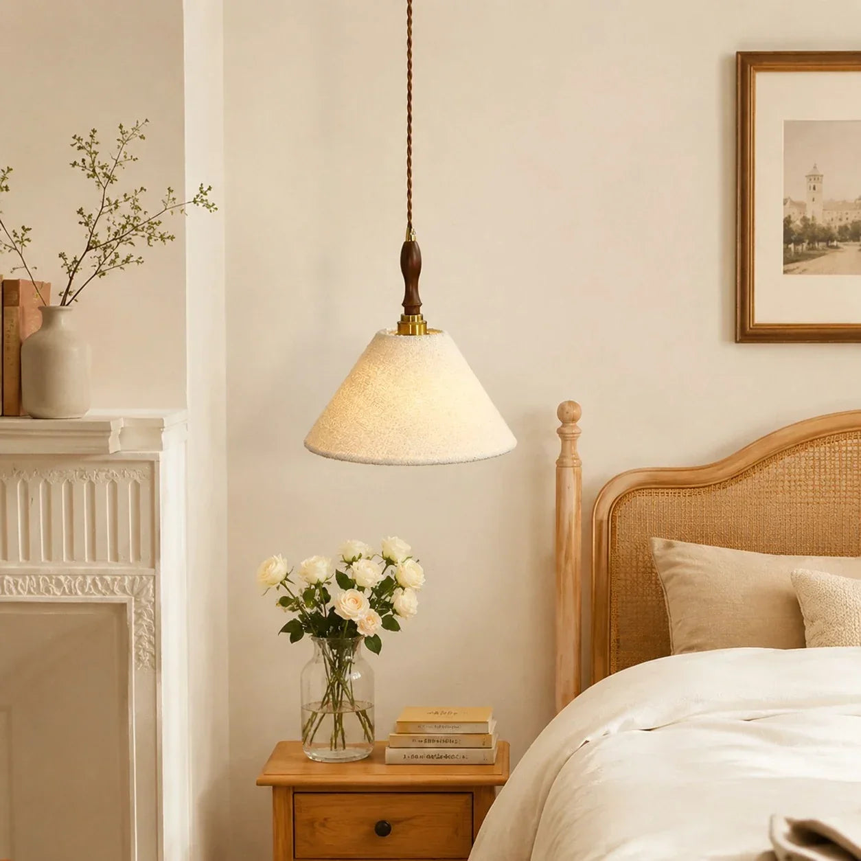 French Vintage Cream Fabric Pendant Light - Woven Texture Ceiling Shade