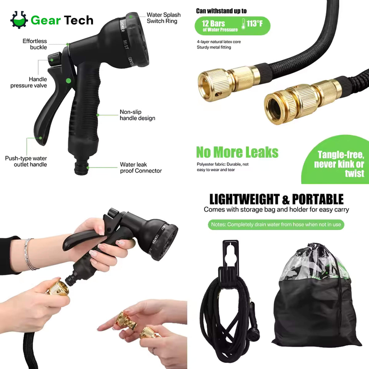 Expandable Garden Hose - 8 Mode Spray Nozzle, Leak Proof, Anti-Kink