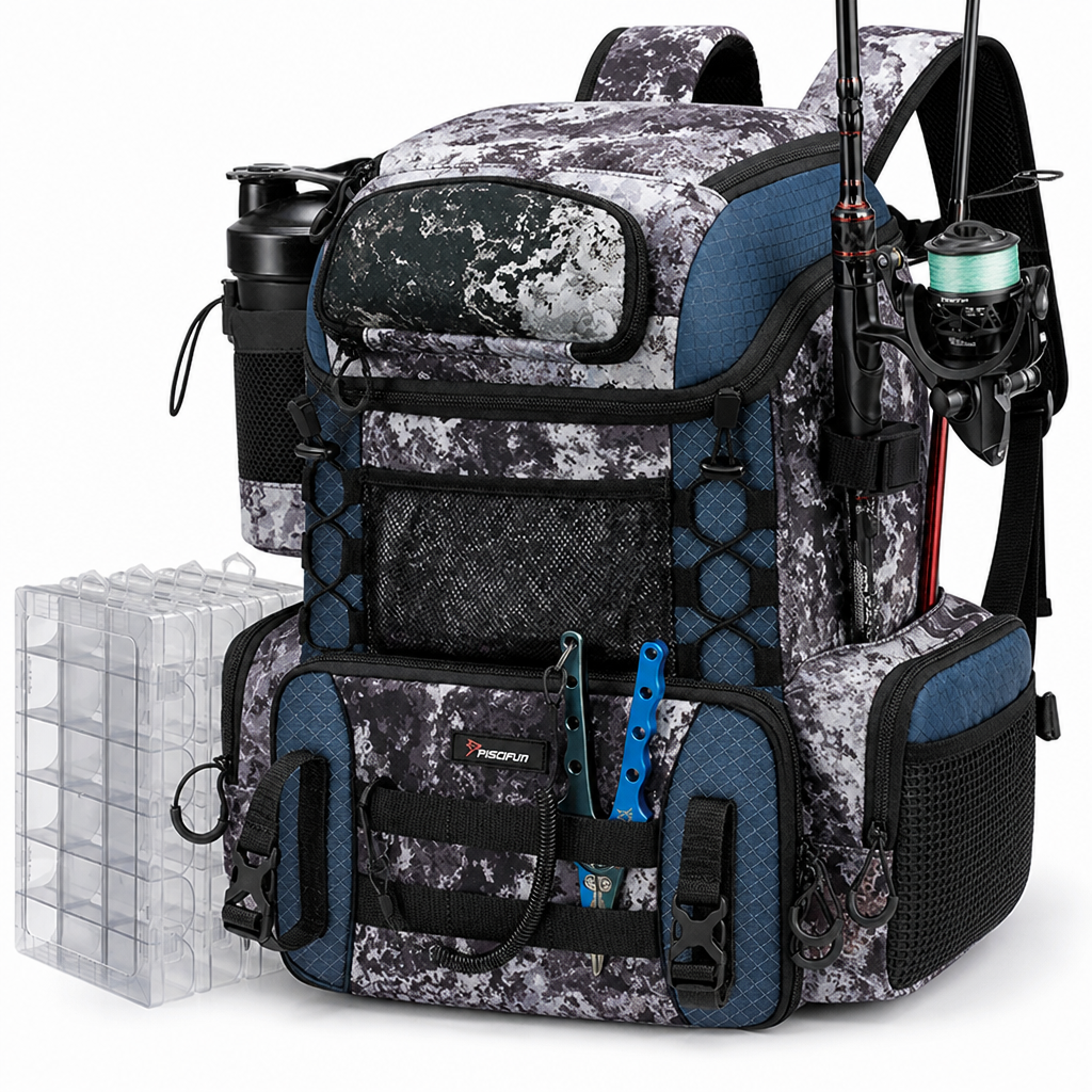 Rod Holders & Ergonomic Fishing Tackle Backpack (Includes 4 Utility Boxes) | ribuella