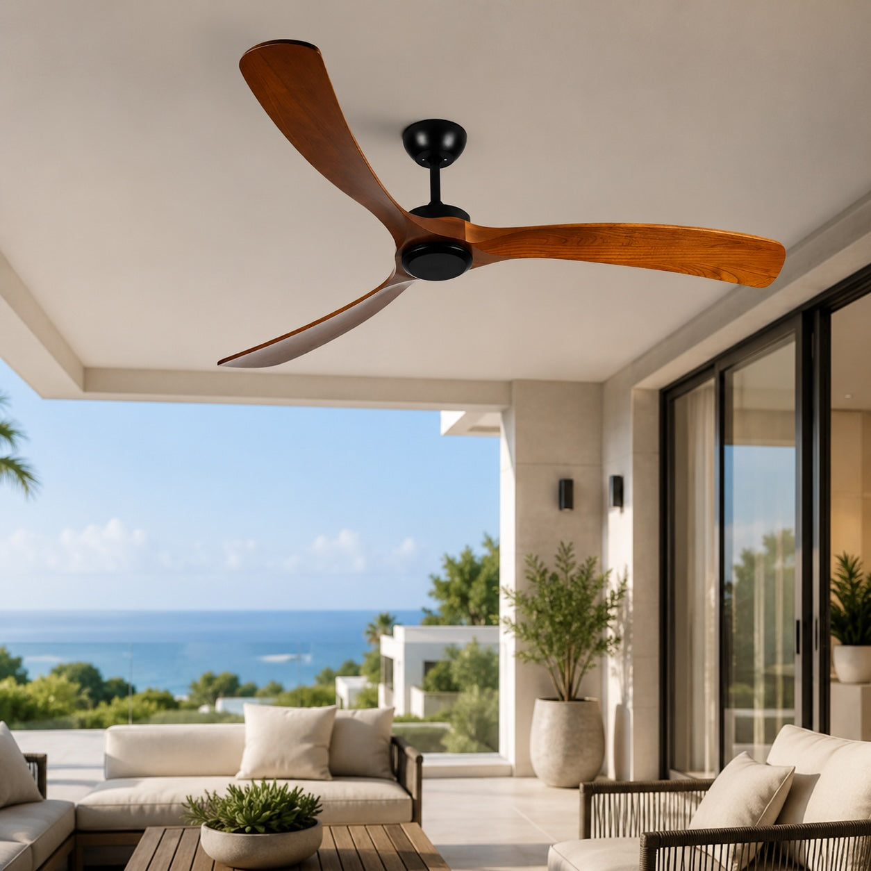 Modern Outdoor Ceiling Fan with Walnut Wood Blades IP65 Waterproof Rating and 6-Speed Motor | ribuella