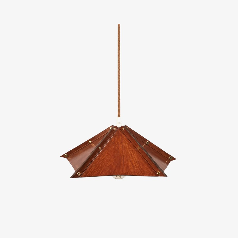 Compact Folded Leather Pendant Lamp, Warm Vintage Glow, Raised Seam Details