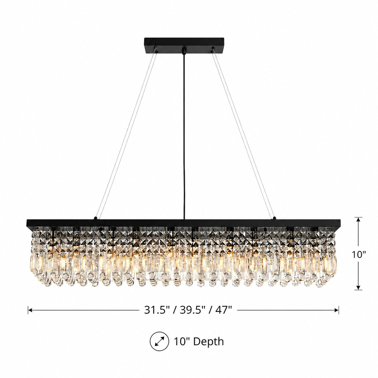 Modern Black Chandelier with Adjustable Height K9 Crystal and Metal Frame for Dining Room | ribuella