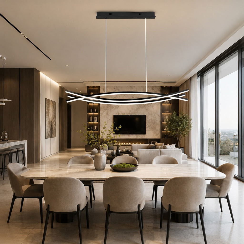 Modern Black Pendant Light Linear Hanging Aluminum LED Fixture with Adjustable Height Dimmable | ribuella