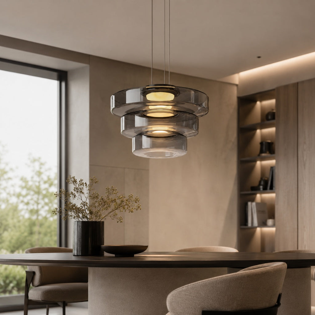 Modern Glass Pendant Light Hanging Fixture with Adjustable Height Dimmable LED and Iron Finish | ribuella