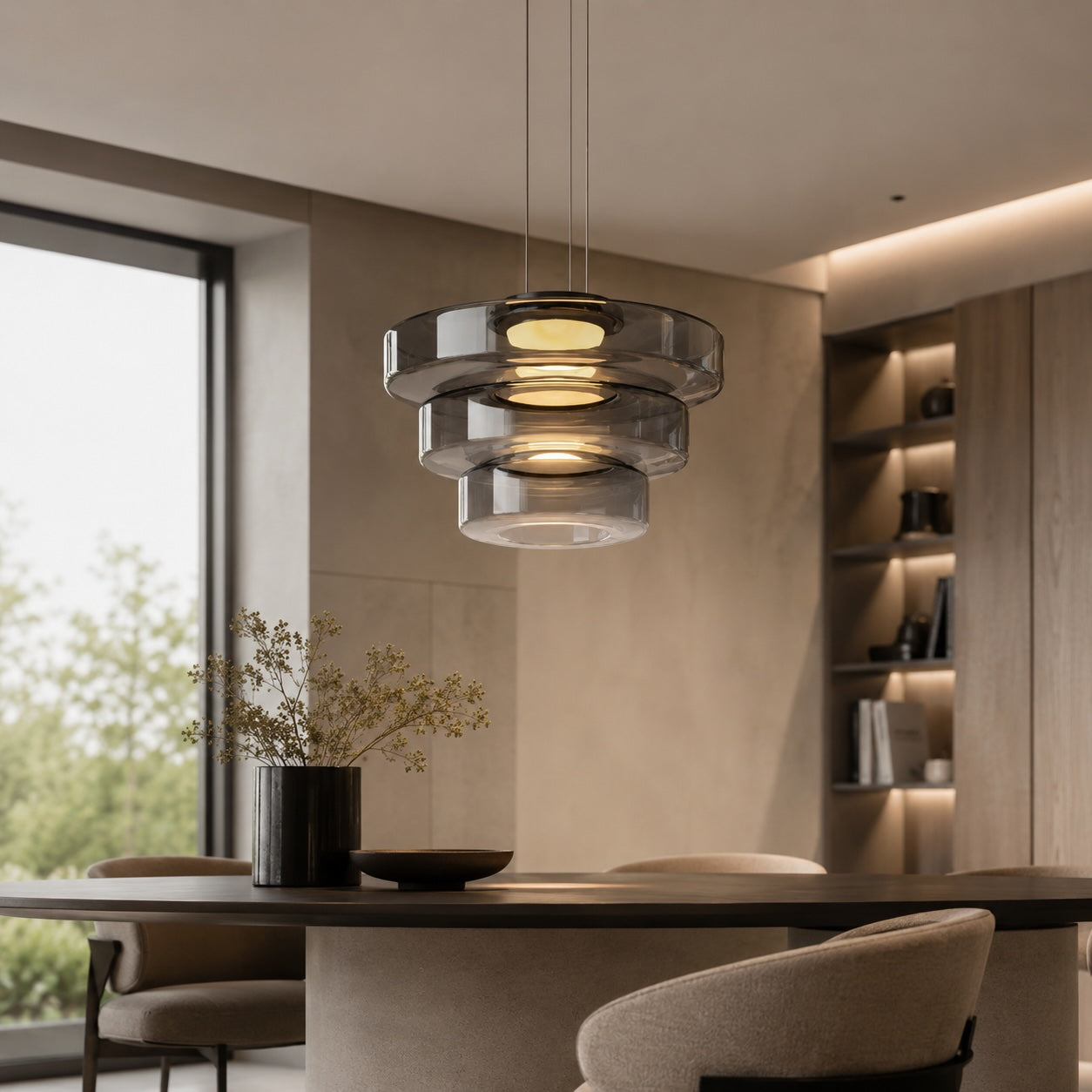 Modern Glass Pendant Light Hanging Fixture with Adjustable Height Dimmable LED and Iron Finish | ribuella
