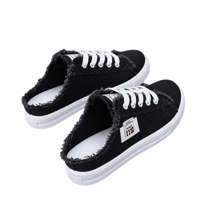 StridePulse – Casual Denim Mule Sneakers with Frayed Edges | ribuella