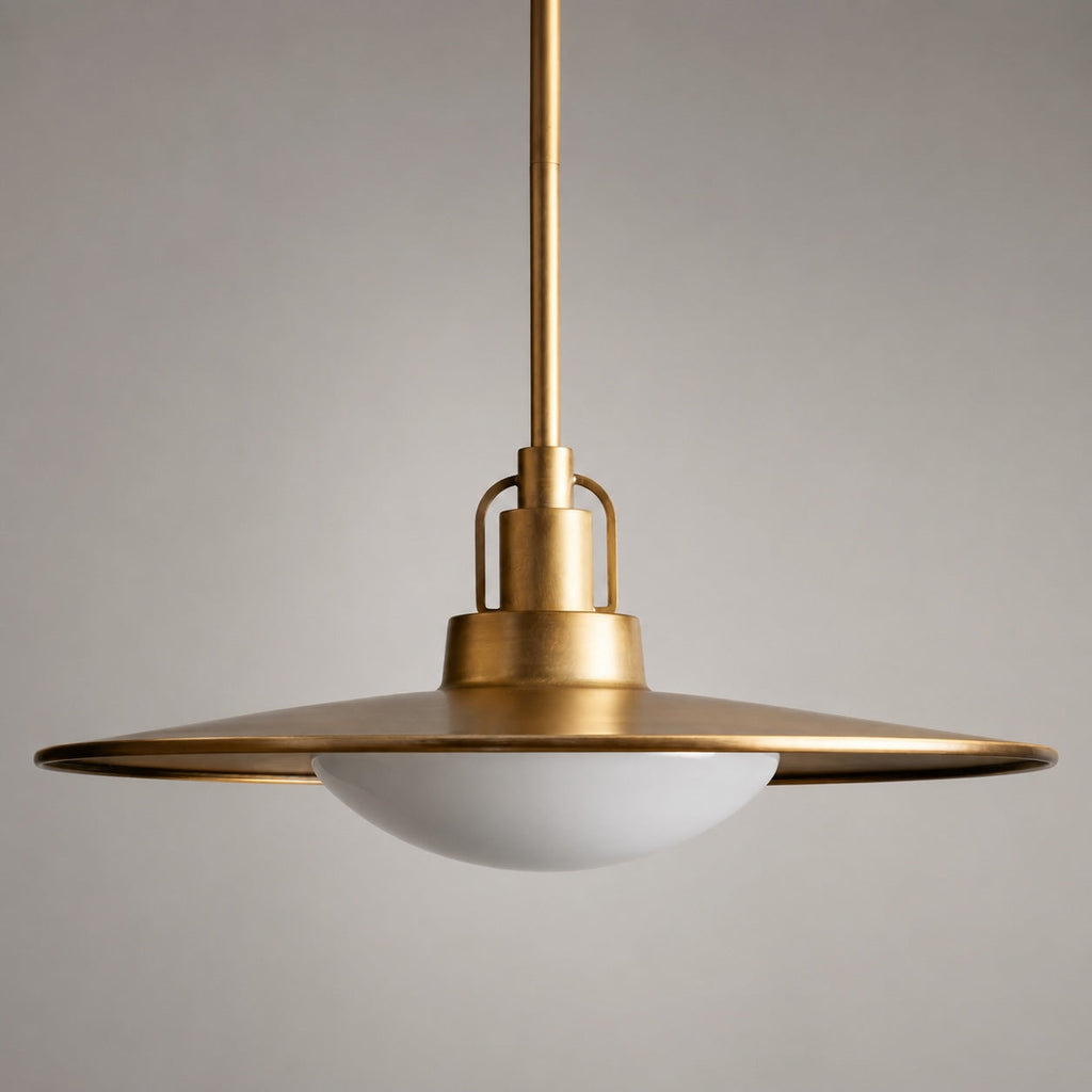 Modern Brass Saucer Pendant Light Hanging Metal Fixture with Frosted Glass Dome Shade for Kitchen Island Dining Room | ribuella