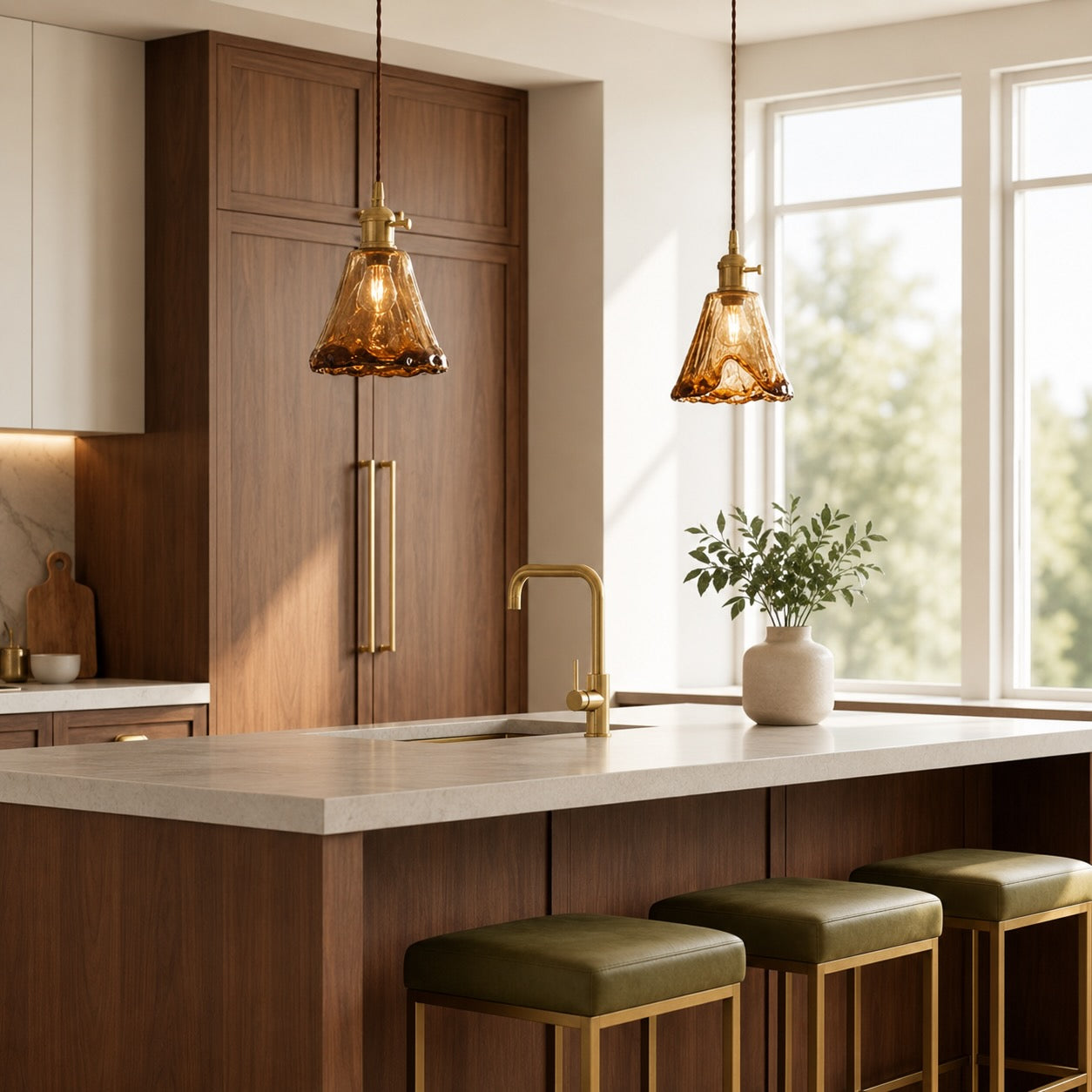 Vintage Brass Pendant Light with Adjustable Hanging Amber Glass Shade for Indoor Lighting | ribuella