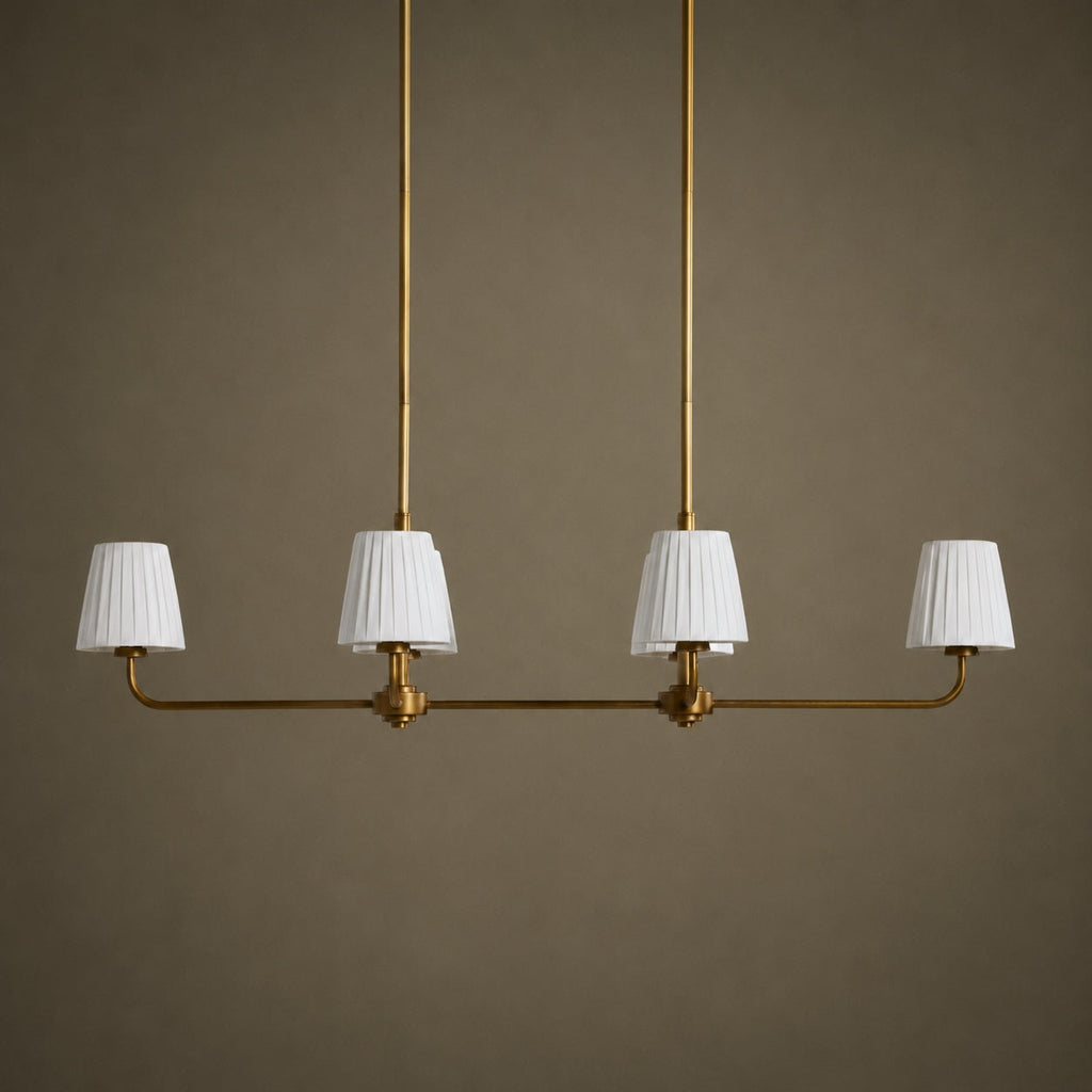 Luxury Brass Linear Chandelier with 6 Pleated Fabric Shades – Modern Adjustable Dining Room & Kitchen Island Pendant Light | ribuella