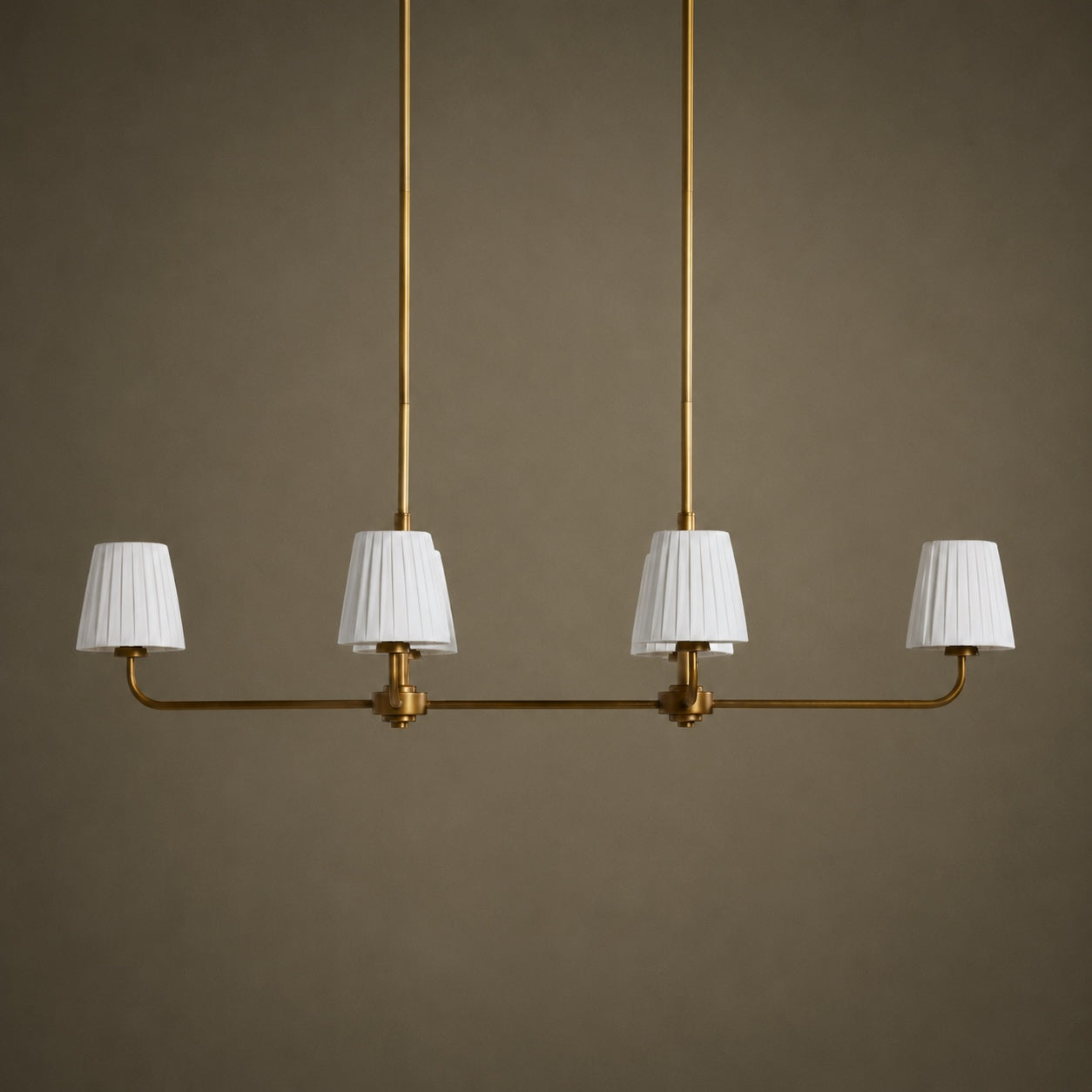 Luxury Brass Linear Chandelier with 6 Pleated Fabric Shades – Modern Adjustable Dining Room & Kitchen Island Pendant Light | ribuella