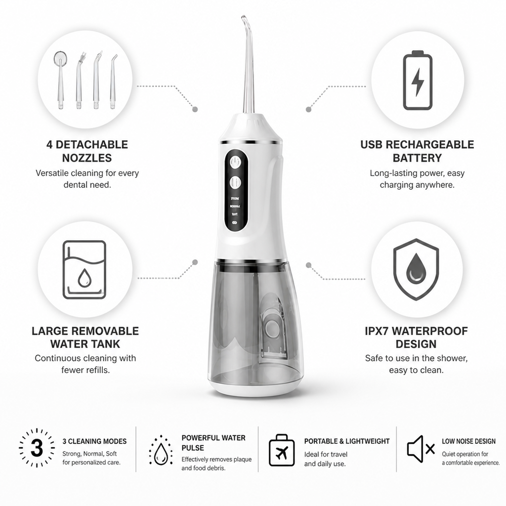 USB-Rechargeable Portable Water Flosser (4 Detachable Nozzles) | ribuella