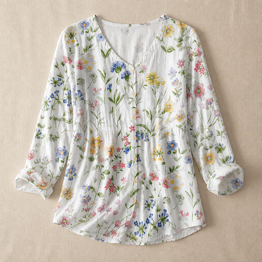 SerenLuxe – Breezy Cotton-Linen Floral Shirt with V-Neck | ribuella