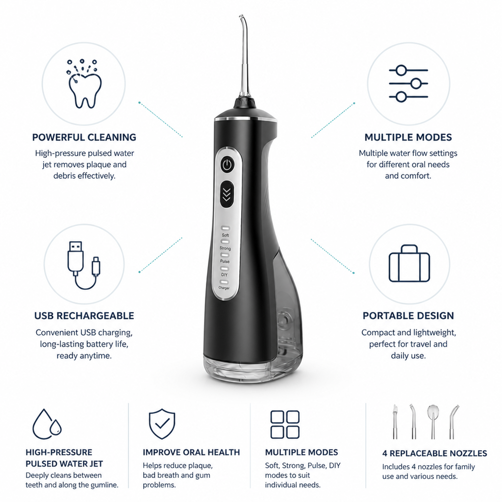 USB Rechargeable Water Flosser with High-Pressure Pulse Technology – 4 Nozzles | ribuella
