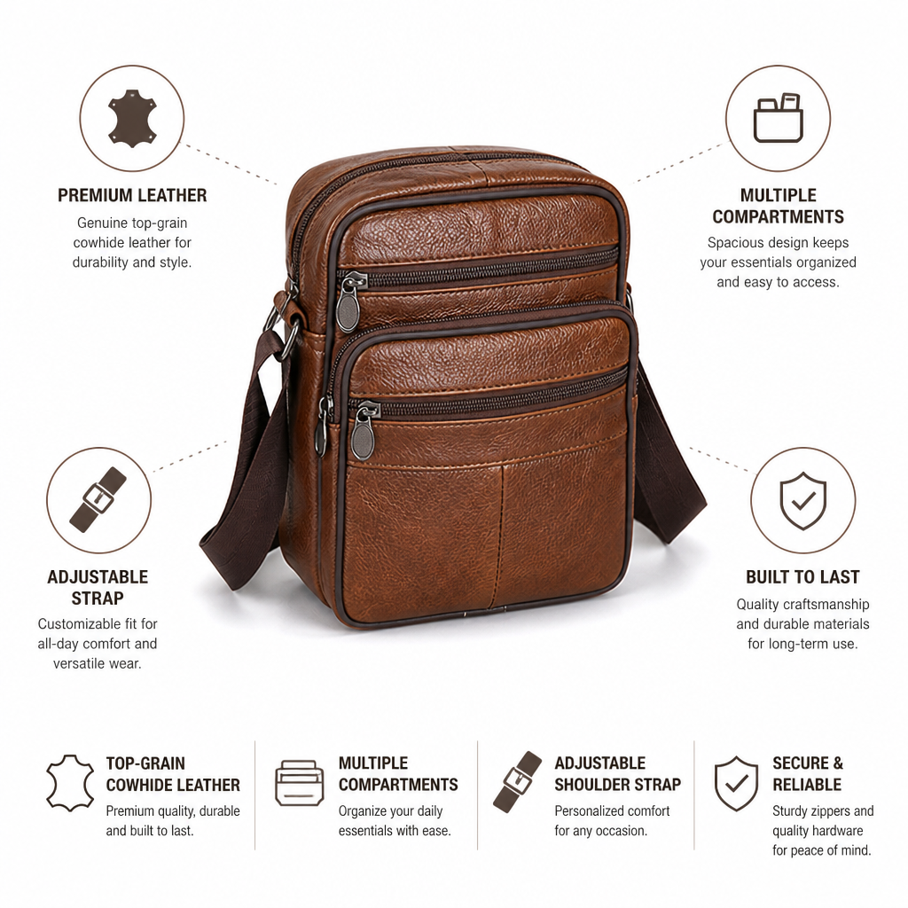 Top-Grain Cowhide Crossbody Bag (Multiple Compartments & Adjustable Strap) | ribuella