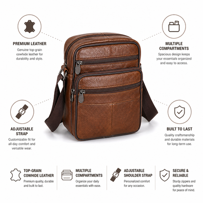 Top-Grain Cowhide Crossbody Bag (Multiple Compartments & Adjustable Strap) | ribuella