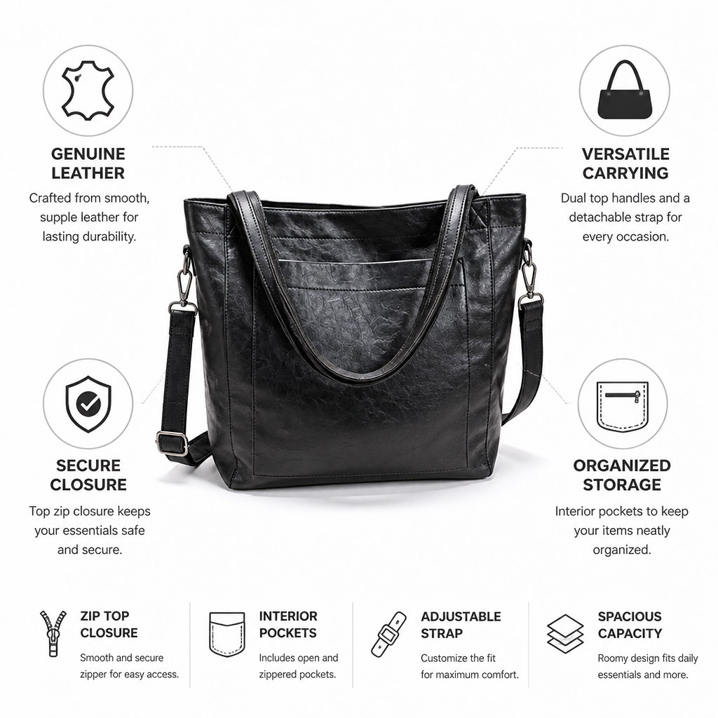 Structured Genuine Leather Tote (Detachable Strap) | ribuella