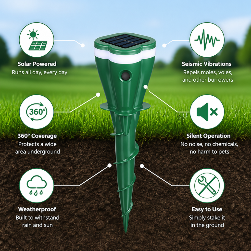 TerraGuard | Quiet Solar Power That Banishes Moles and Revives Your Garden’s Glory | ribuella