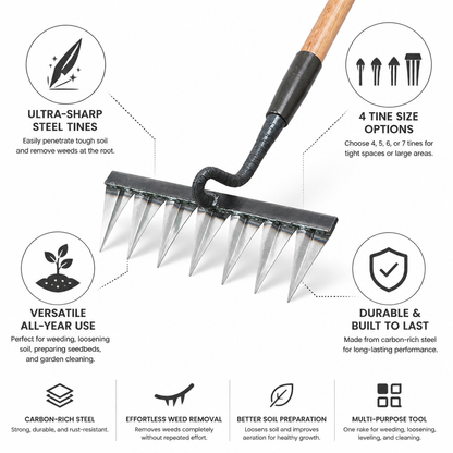 Ultra-Sharp Carbon Steel Garden Rake (4–7 Tines) | ribuella