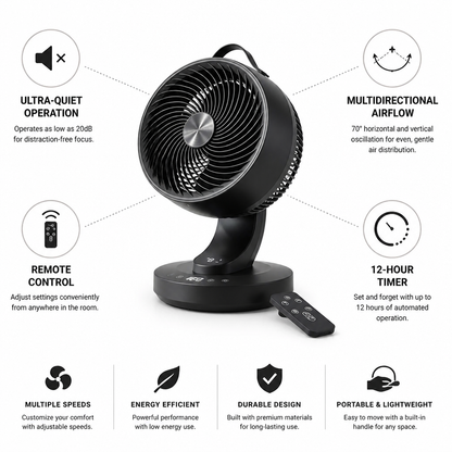 Ultra-Quiet Oscillating Desk Fan (Remote & 12-Hour Timer) | ribuella