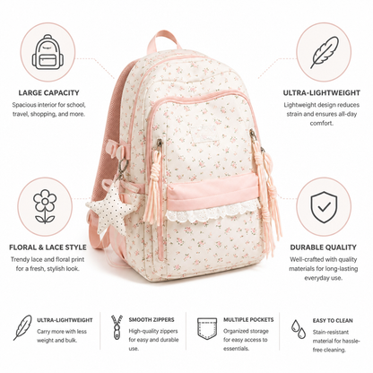 Ultra-Lightweight & Large Capacity Lace Floral Backpack | ribuella
