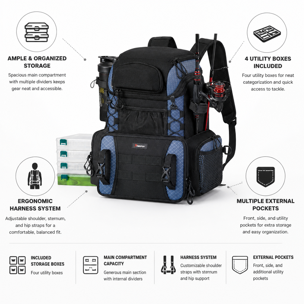 Rod Holders & Ergonomic Fishing Tackle Backpack (Includes 4 Utility Boxes) | ribuella