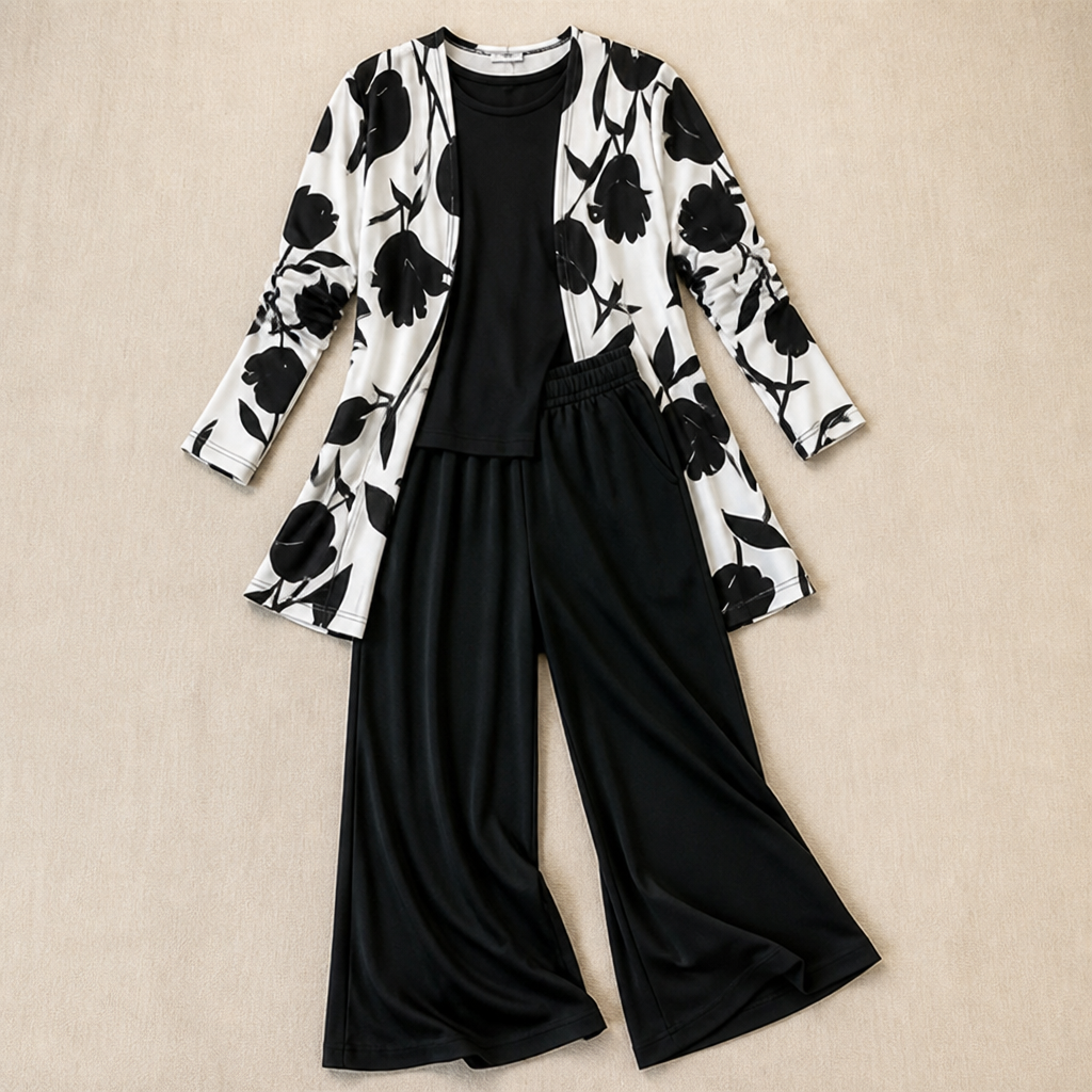 VelaLuxe – Elegant 3-Piece Set with Floral Cardigan & Wide-Leg Pants | ribuella