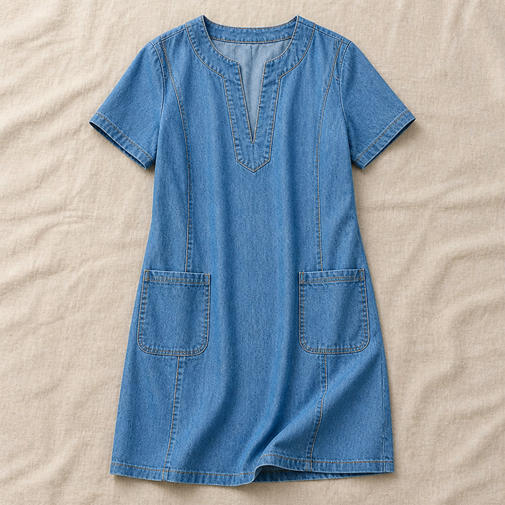 VarelaChic – Relaxed V-Neck Denim Shift Dress with Pockets | ribuella
