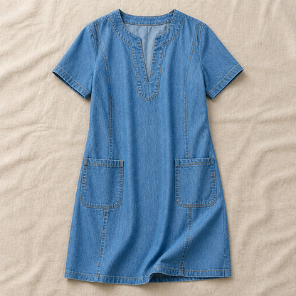 VarelaChic – Relaxed V-Neck Denim Shift Dress with Pockets | ribuella