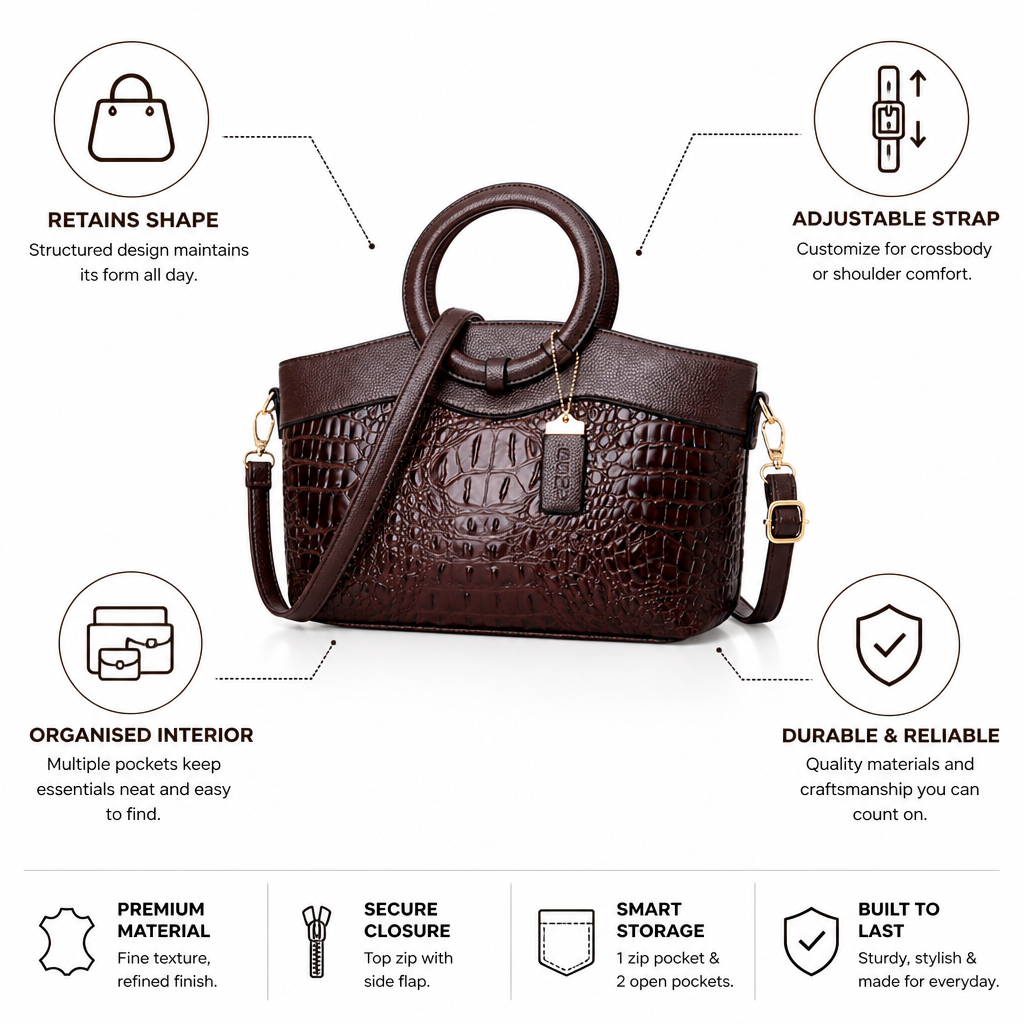 Structured Embossed Top-Handle Bag (Adjustable Strap) | ribuella