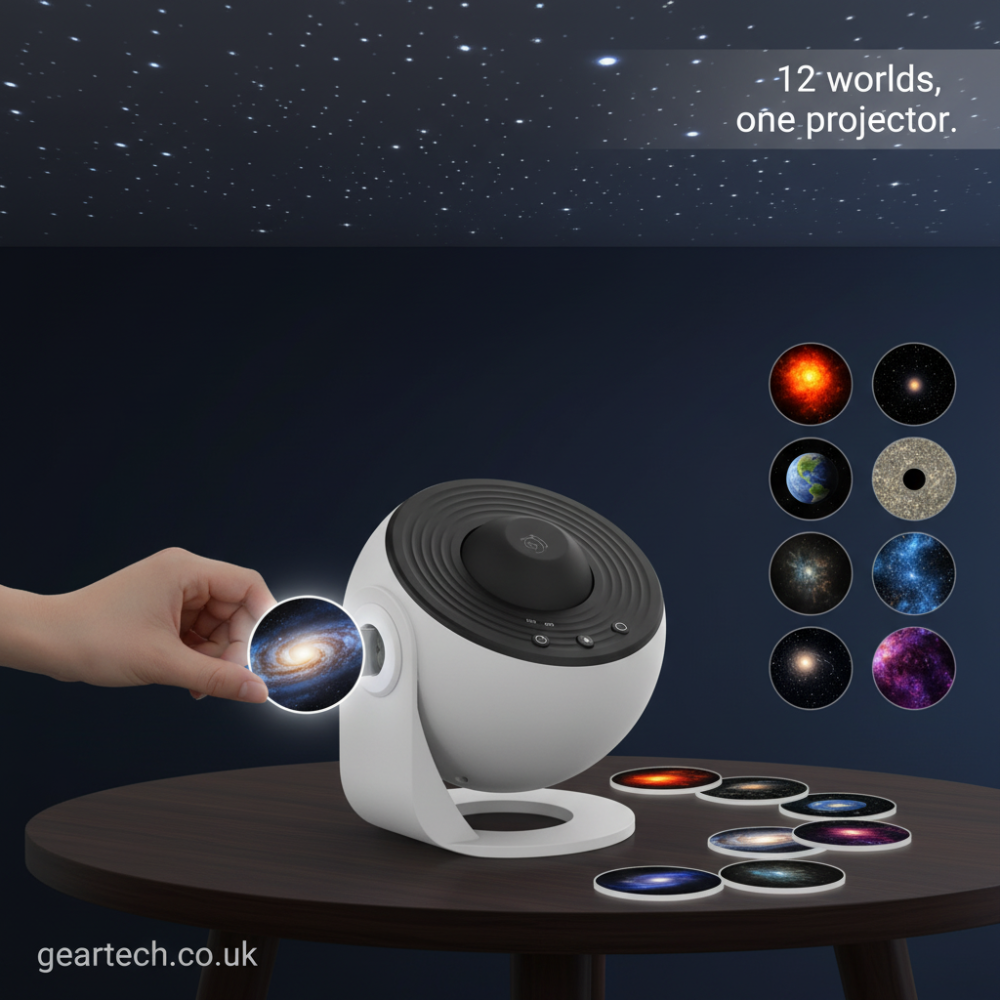 360-graders roterende galakseprojektor med stjernehimmel, nattlys med stjerne- og tåkeeffekt, flere filmplater