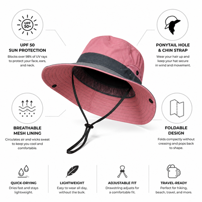 UPF 50 Breathable Foldable Sun Hat (Ponytail Hole & Chin Strap) | ribuella