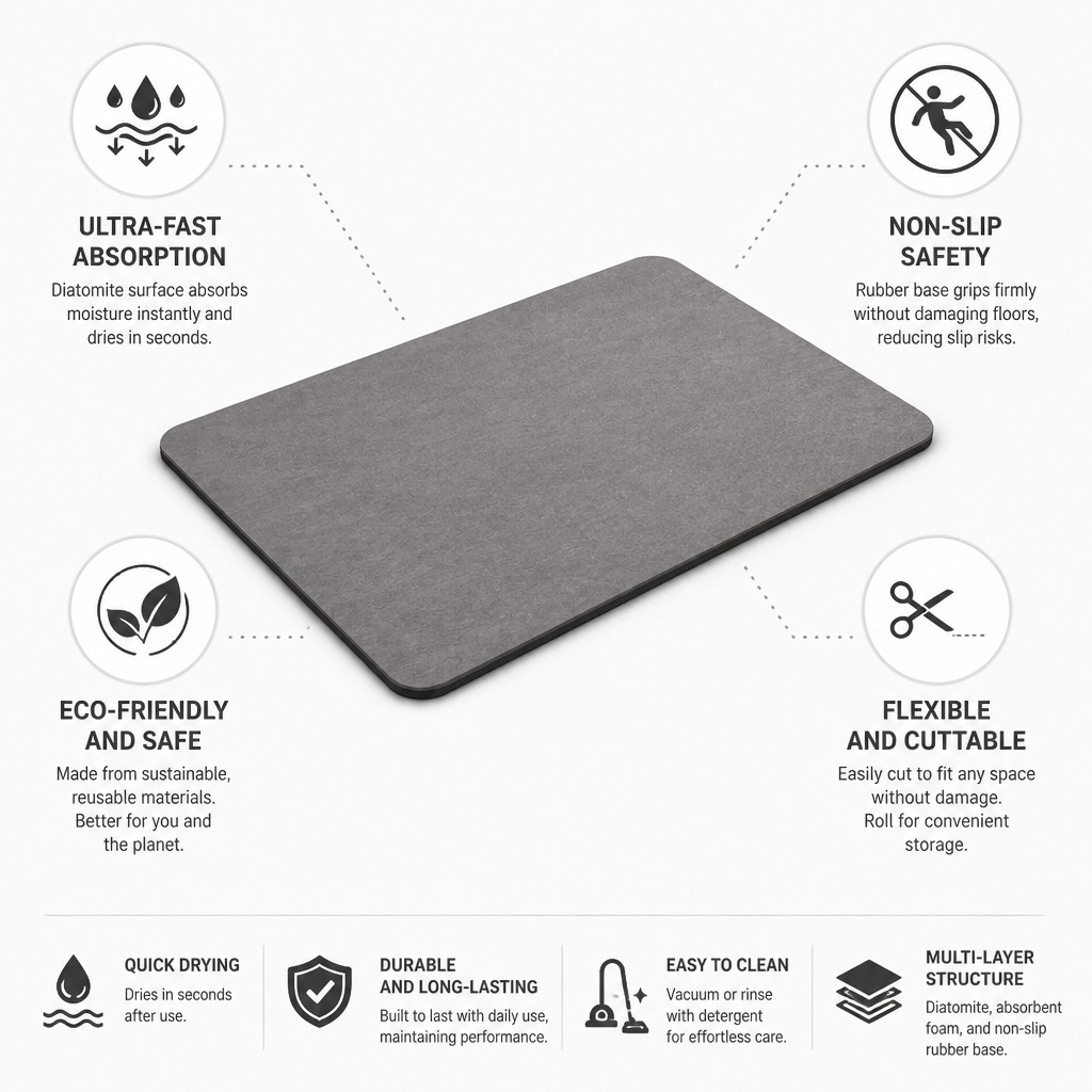 Ultra-Absorbent Quick-Dry Diatomite Bath Mat (Non-Slip Base) | ribuella