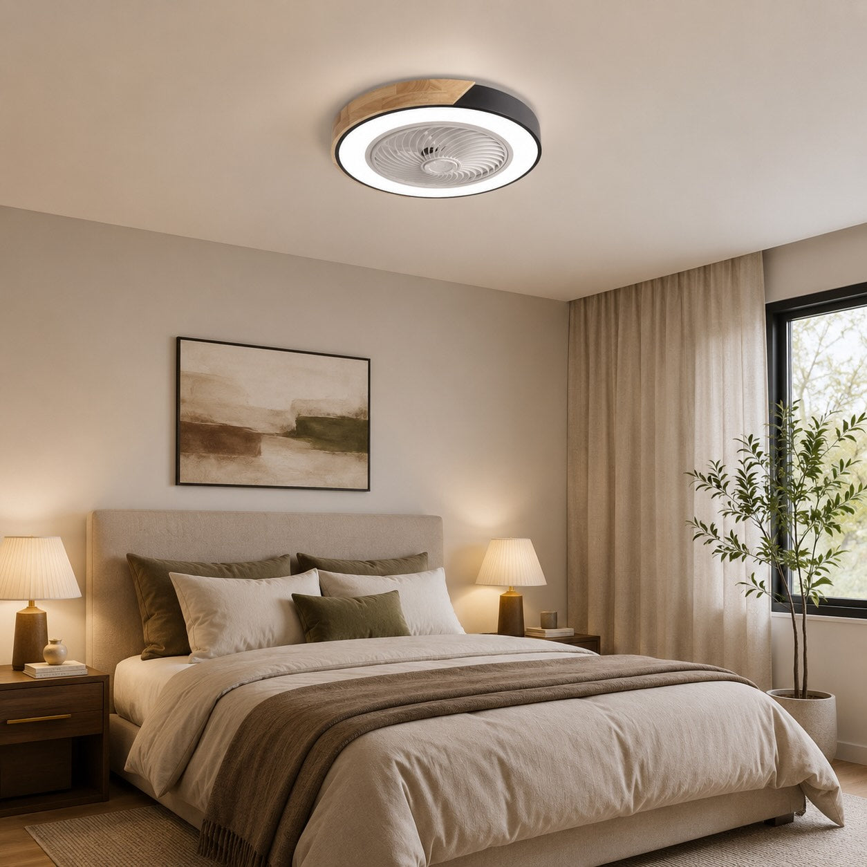 Moderner Deckenventilator ohne Flügel mit Beleuchtung, flache Montage, Eisenrahmen, dimmbare LED mit einstellbarer Farbtemperatur | ribuella