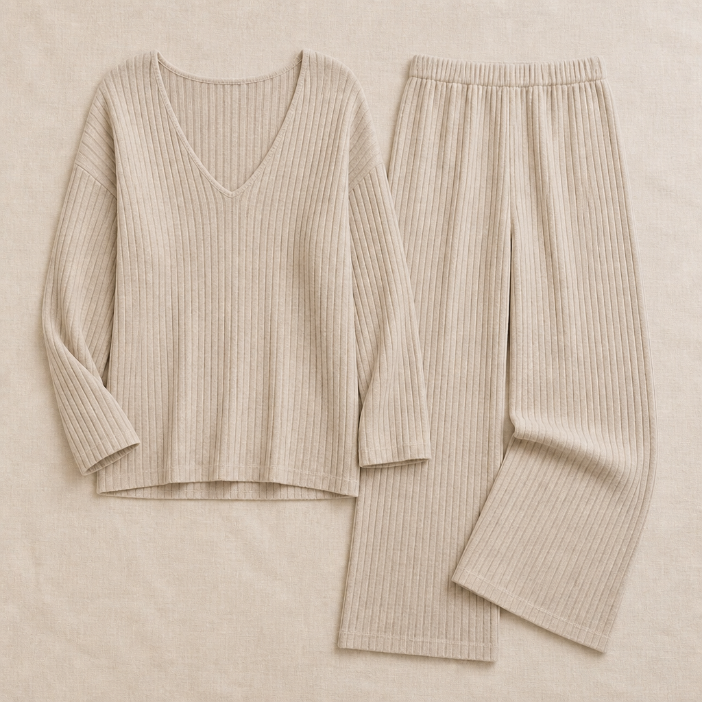 Serelis – Soft Ribbed V-Neck Lounge Set Featuring Wide-Leg Pants | ribuella