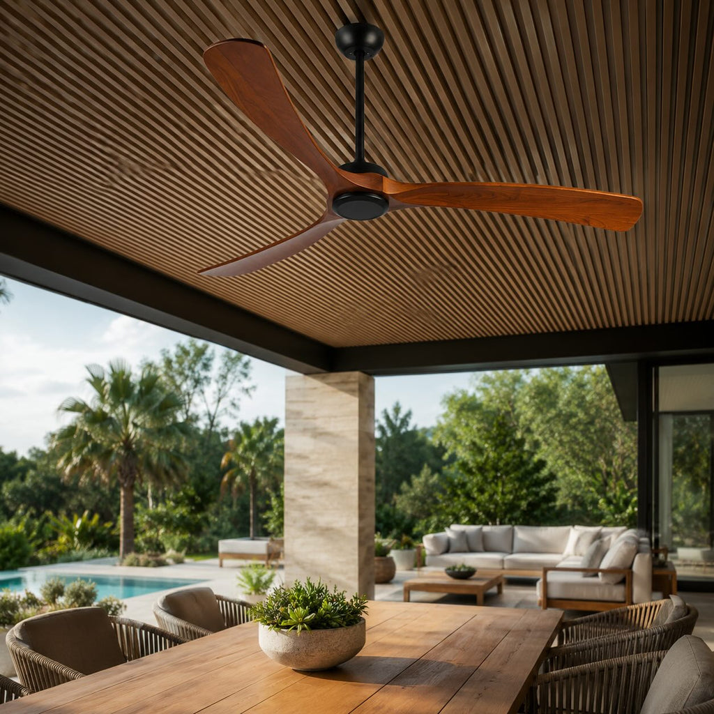 Modern Outdoor Ceiling Fan with Walnut Wood Blades IP65 Waterproof Rating and 6-Speed Motor | ribuella