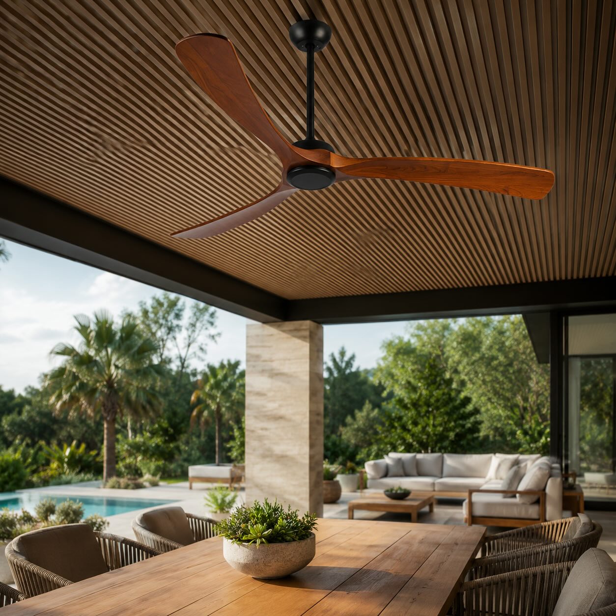 Modern Outdoor Ceiling Fan with Walnut Wood Blades IP65 Waterproof Rating and 6-Speed Motor | ribuella