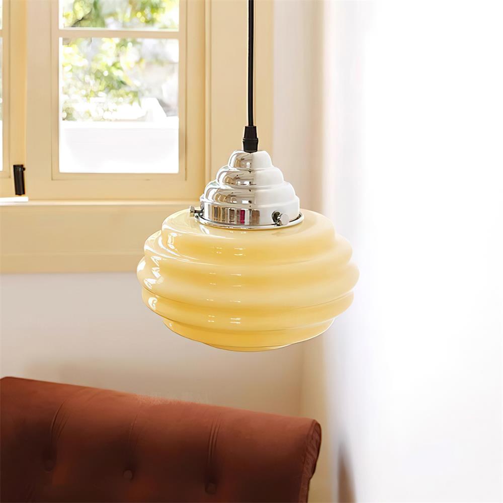 Gelato Pendant Lamp - Tiered Rippled Glass Shade Chrome Cap Red Or Beige