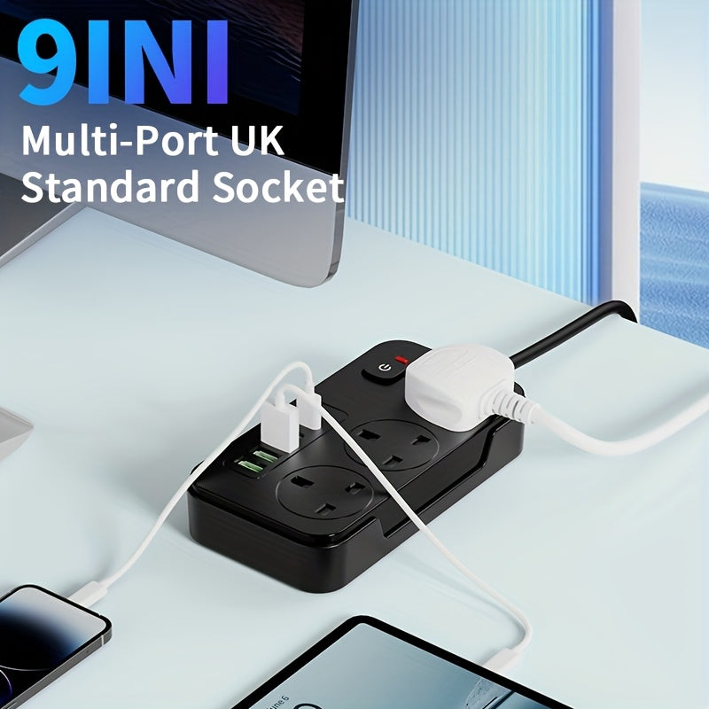 Ciabatta elettrica da 13A con 9 porte, 3 prese CA, 6 porte USB e cavo di prolunga da 2M