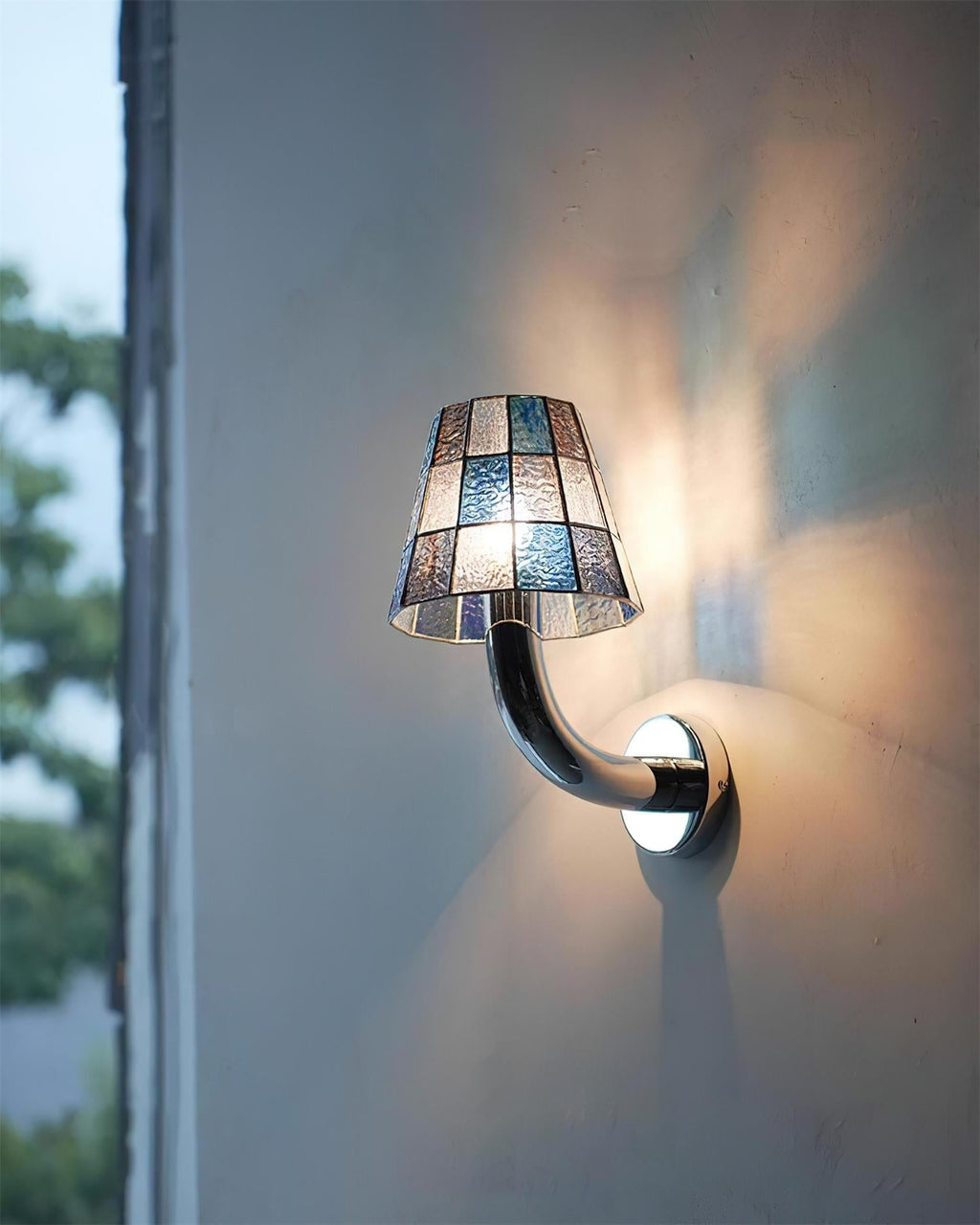 Fun Guy Wall Lamp Curved Chrome Arm And Mosaic Style Glass Shade