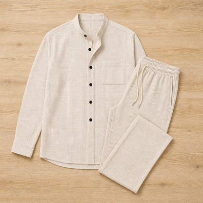 Stridonity – Relaxed Waffle-Texture Band-Collar Shirt & Pants Set | ribuella