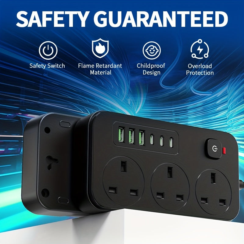 Ciabatta elettrica da 13A con 9 porte, 3 prese CA, 6 porte USB e cavo di prolunga da 2M