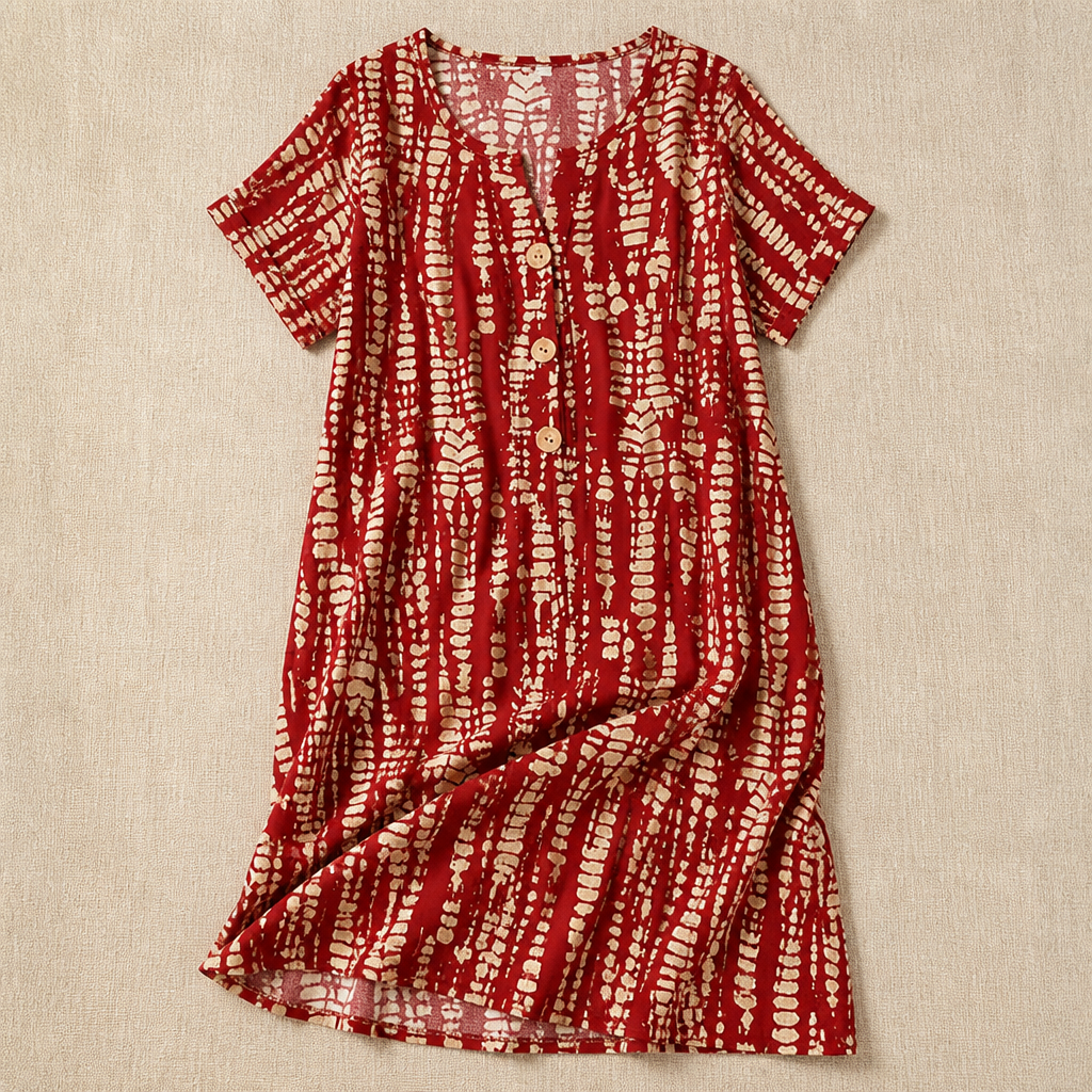 VelaMuse – Relaxed Button-Front Abstract Print Swing Dress with Pockets | ribuella