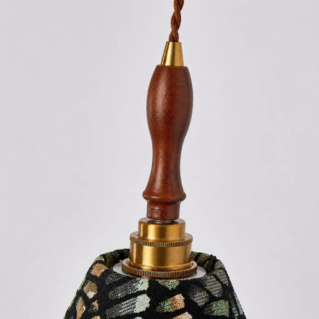 French Vintage Wall Sconce, Patterned Fabric Shade, Turned Wood Arm