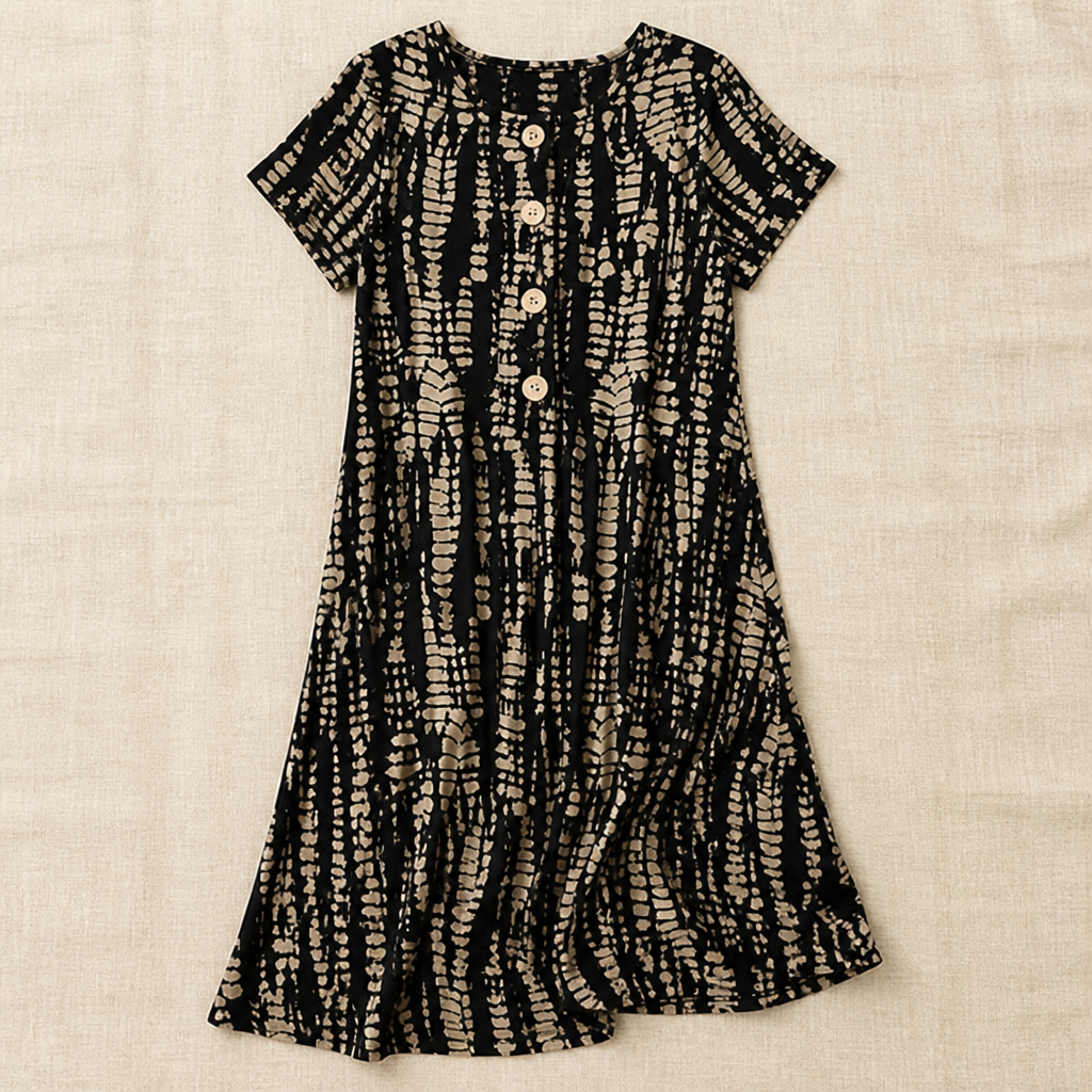 VelaMuse – Relaxed Button-Front Abstract Print Swing Dress with Pockets | ribuella
